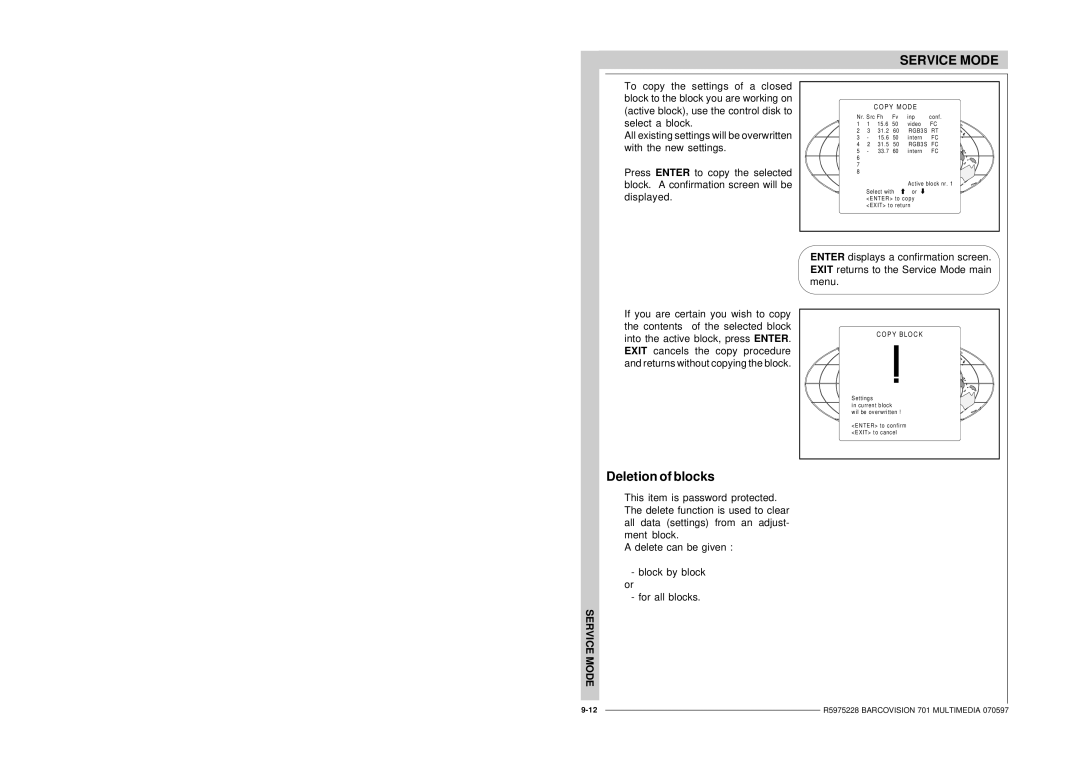 Barco R9000740 owner manual Deletion of blocks, P Y M O D E, P Y B L O C K 