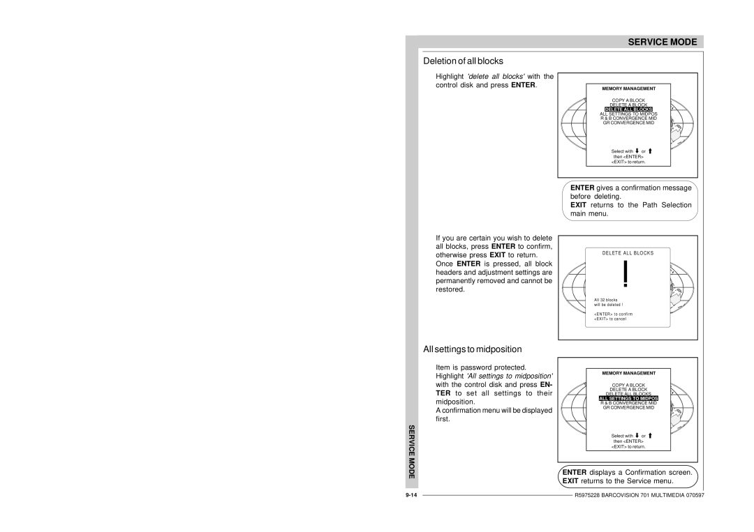 Barco R9000740 Deletion of all blocks, All settings to midposition, Copy a Block Delete a Block, EL ET E a L L BL O C K S 