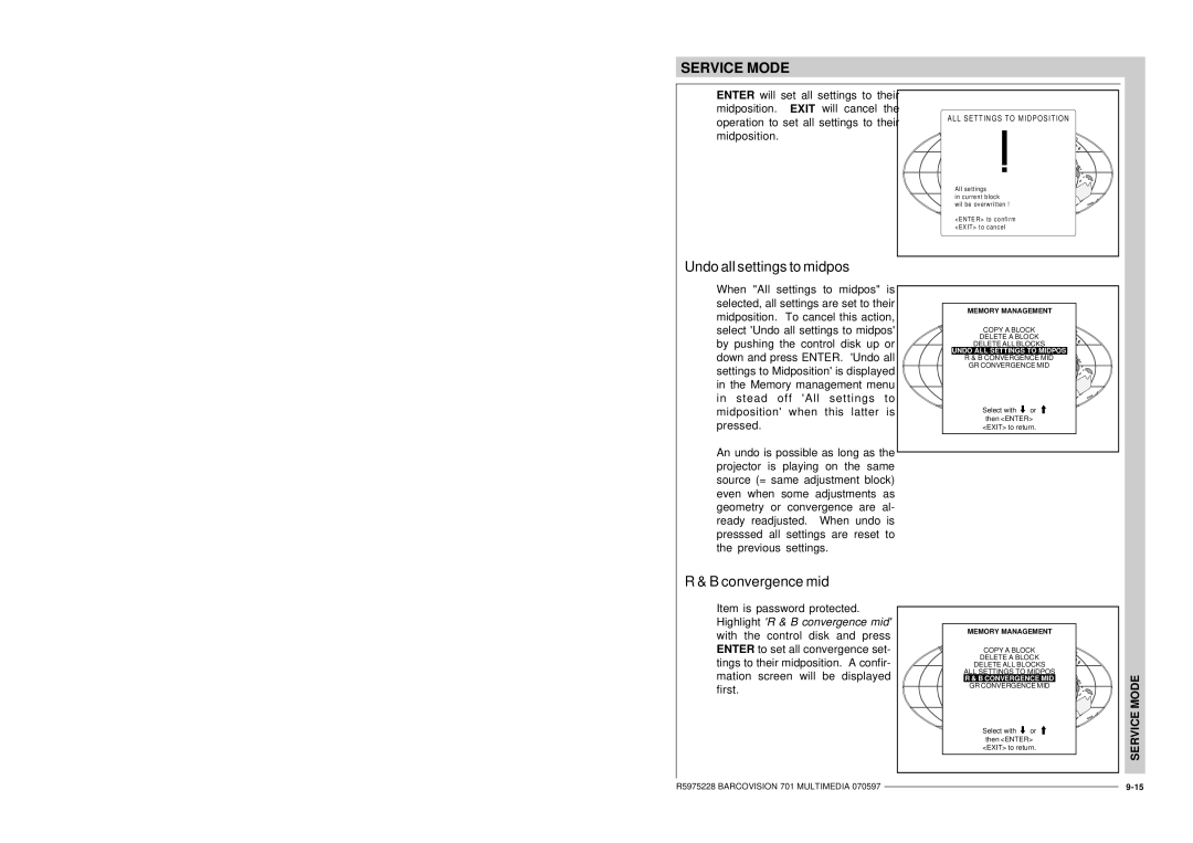 Barco R9000740 owner manual Undo all settings to midpos, Convergence mid, Convergence MID GR Convergence MID 