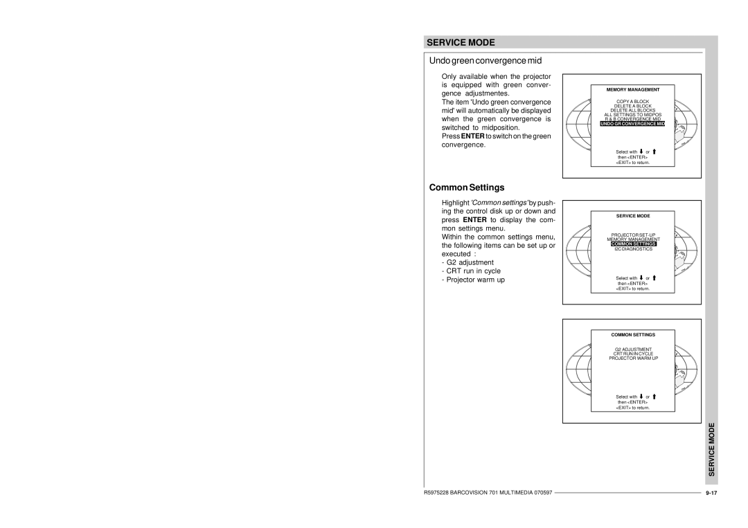 Barco R9000740 owner manual Undo green convergence mid, Projector SET-UP Memory Management 