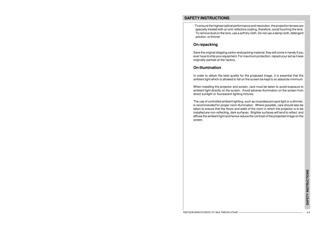 Barco R9000740 owner manual On repacking 