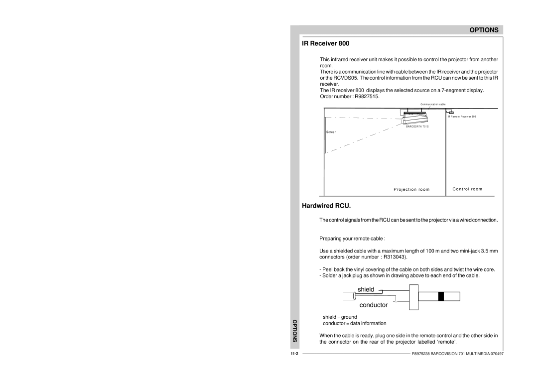 Barco R9000740 owner manual IR Receiver, Shield Conductor 