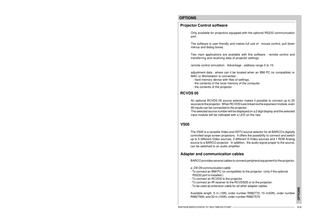 Barco R9000740 owner manual VS05, D9-D9 communication cable 