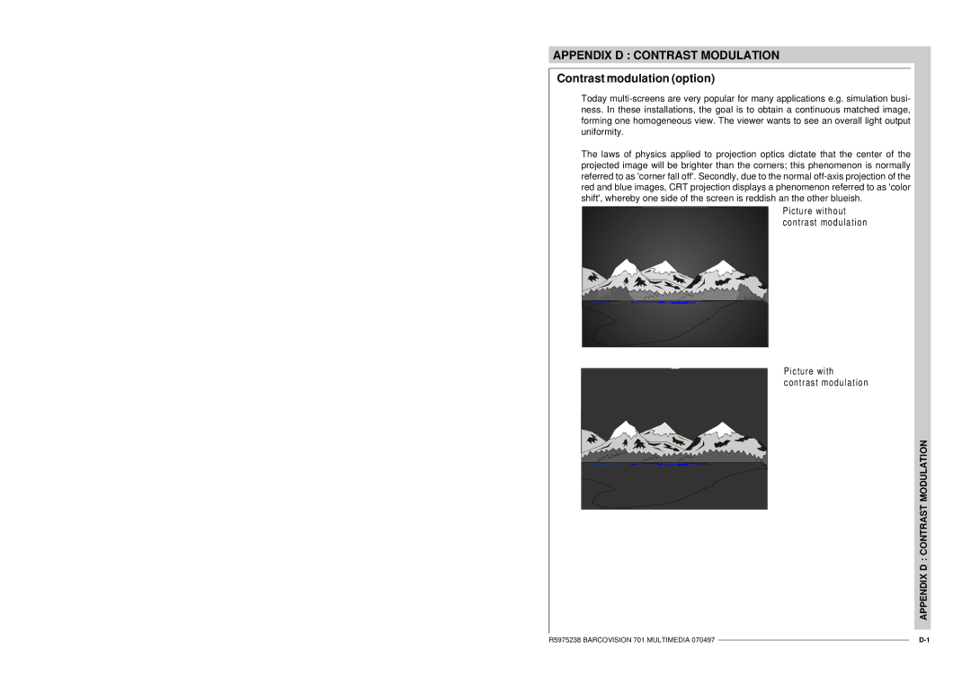 Barco R9000740 owner manual Contrast modulation option, Appendix D Contrast Modulation 