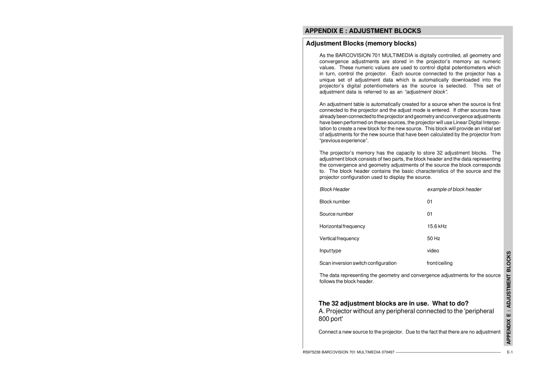 Barco R9000740 Adjustment Blocks memory blocks, adjustment blocks are in use. What to do?, Appendix E Adjustment Blocks 