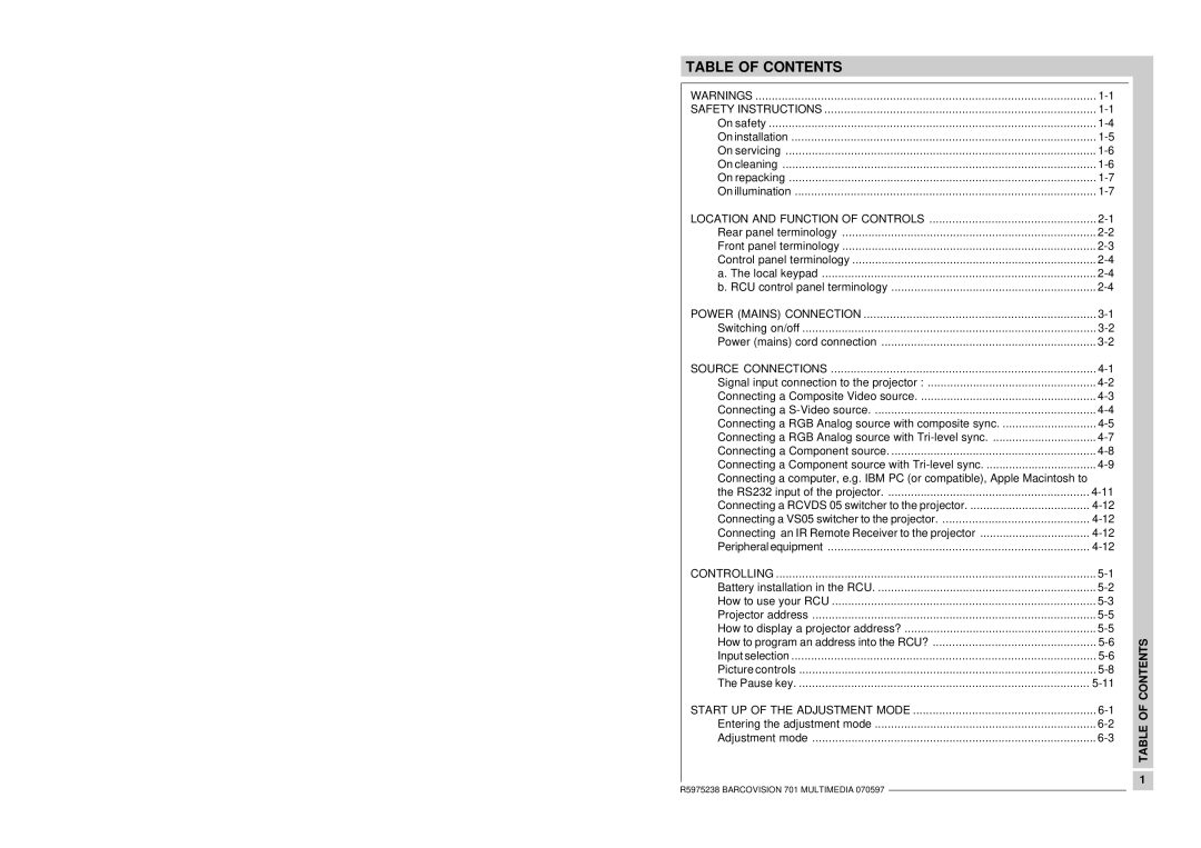 Barco R9000740 owner manual Table of Contents 