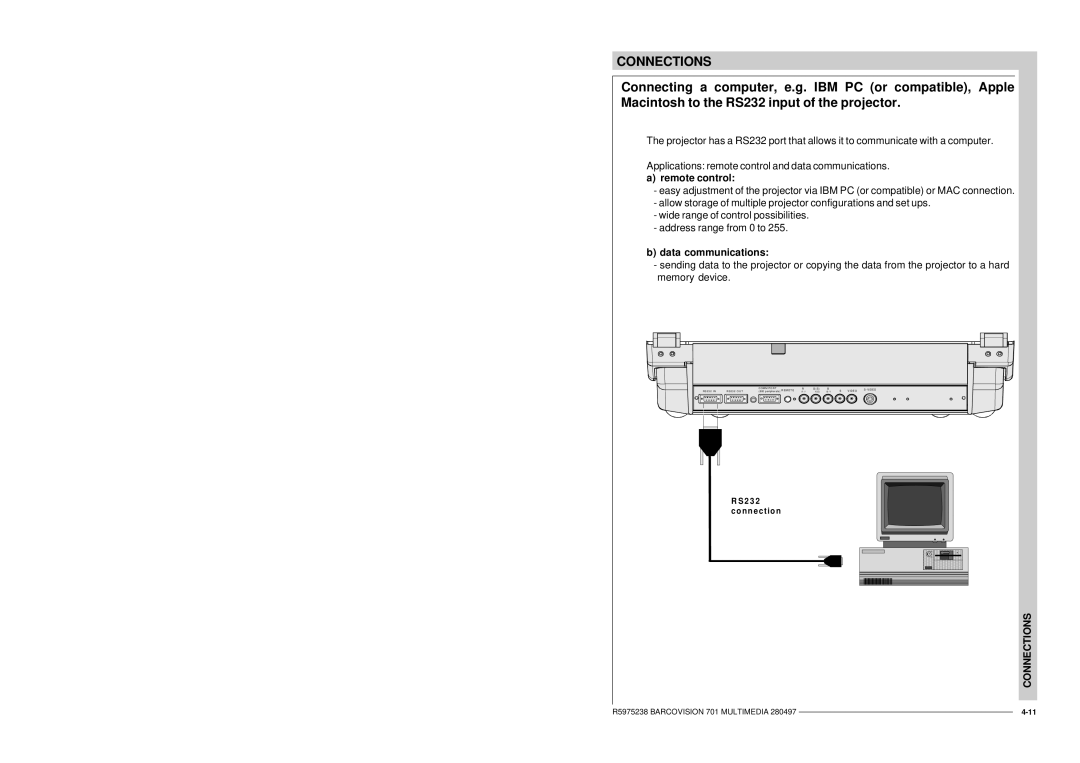 Barco R9000740 owner manual Remote control, Data communications 