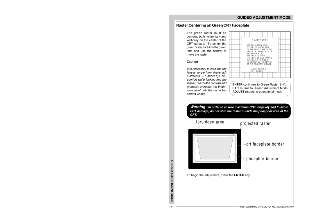 Barco R9000740 owner manual Raster Centering on Green CRT Faceplate, V Shift 