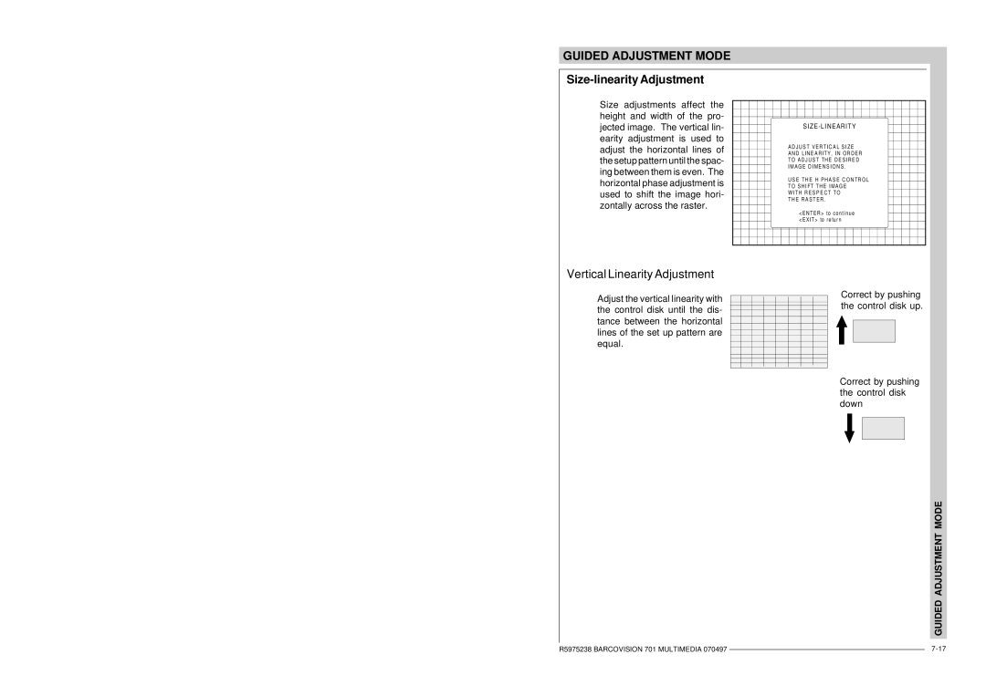 Barco R9000740 owner manual Size-linearity Adjustment, Vertical Linearity Adjustment, Z E-L I N E Ar I T Y 