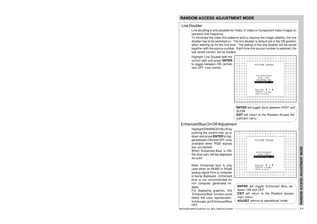 Barco R9000740 owner manual Line Doubler, Enhanced Blue On/Off Adjustment, Ture, Tun 