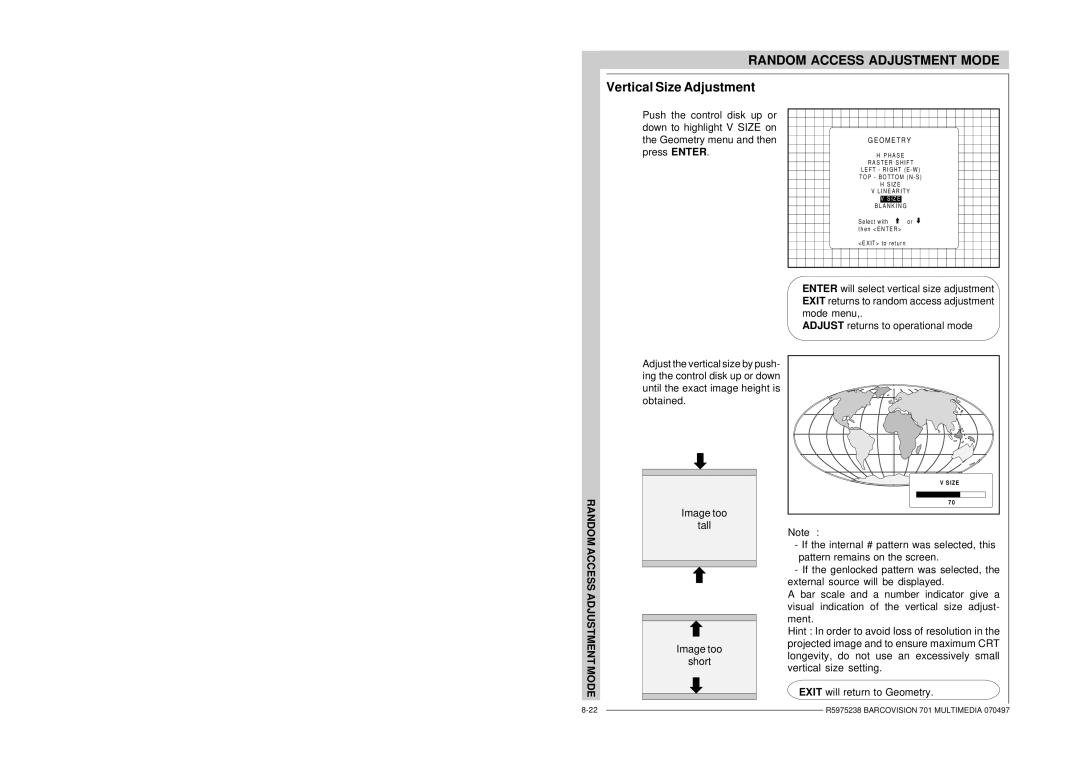 Barco R9000740 owner manual Vertical Size Adjustment 