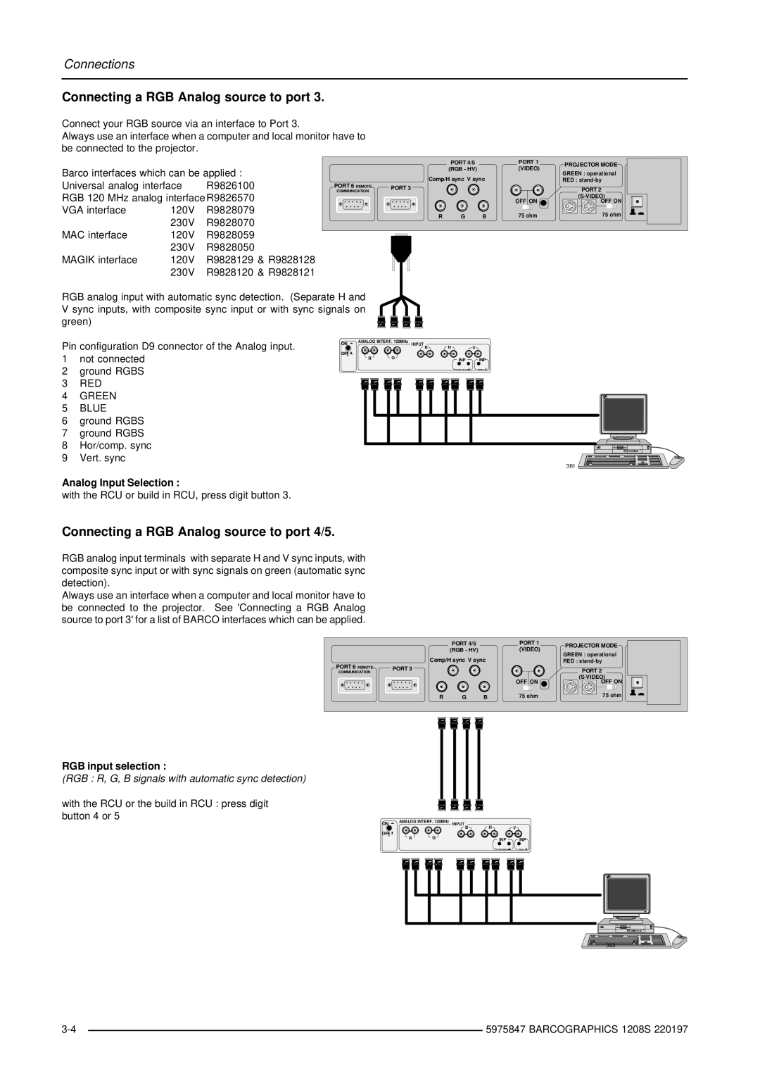 Barco R9000893, R9000896 Connecting a RGB Analog source to port 4/5, Analog Input Selection, RGB input selection 