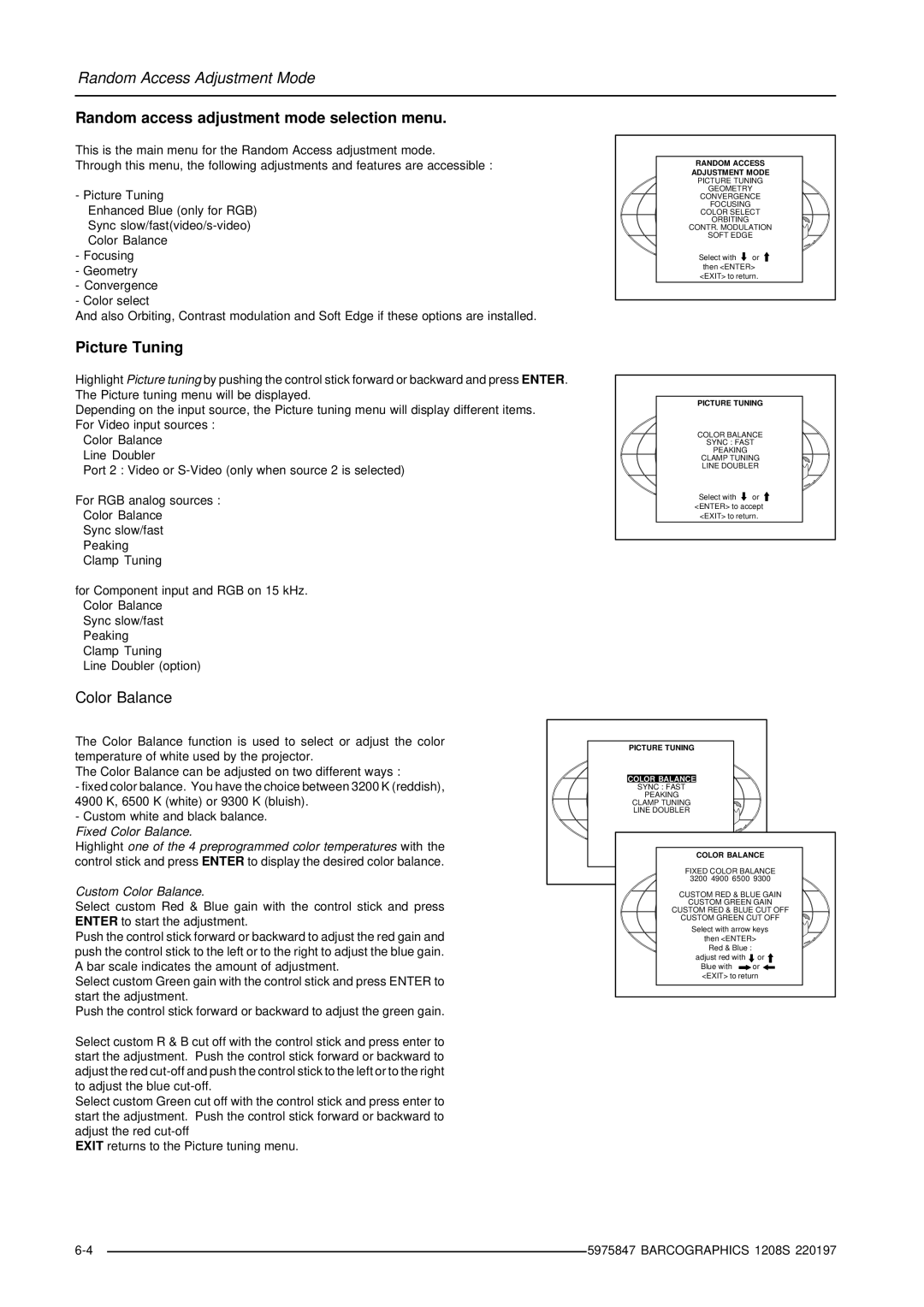 Barco R9000893, R9000896 owner manual Random access adjustment mode selection menu, Picture Tuning, Color Balance 