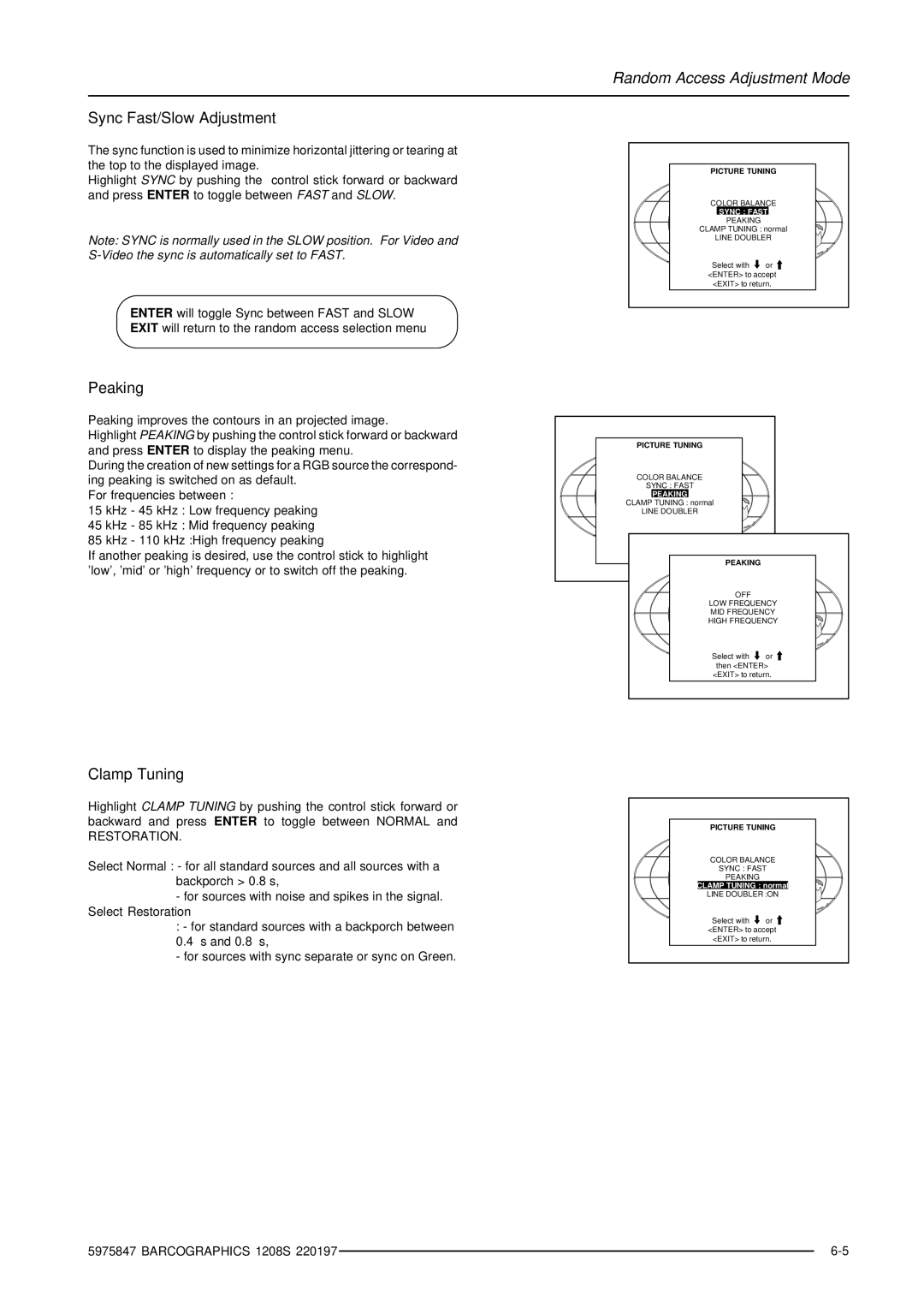 Barco R9000896, R9000893 owner manual Sync Fast/Slow Adjustment, Peaking, Clamp Tuning 