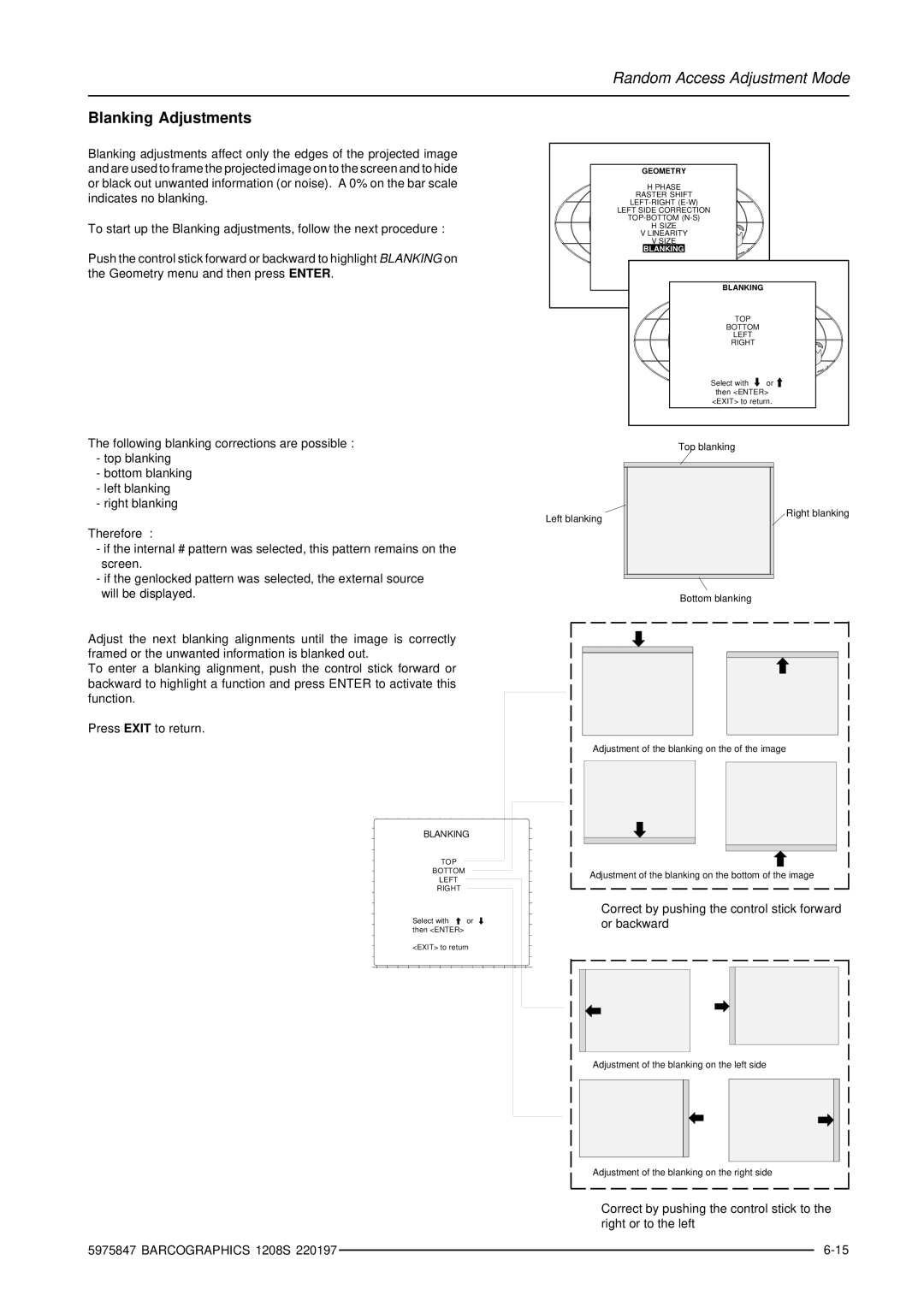 Barco R9000896, R9000893 owner manual Blanking Adjustments, Top blanking Right blanking Bottom blanking 