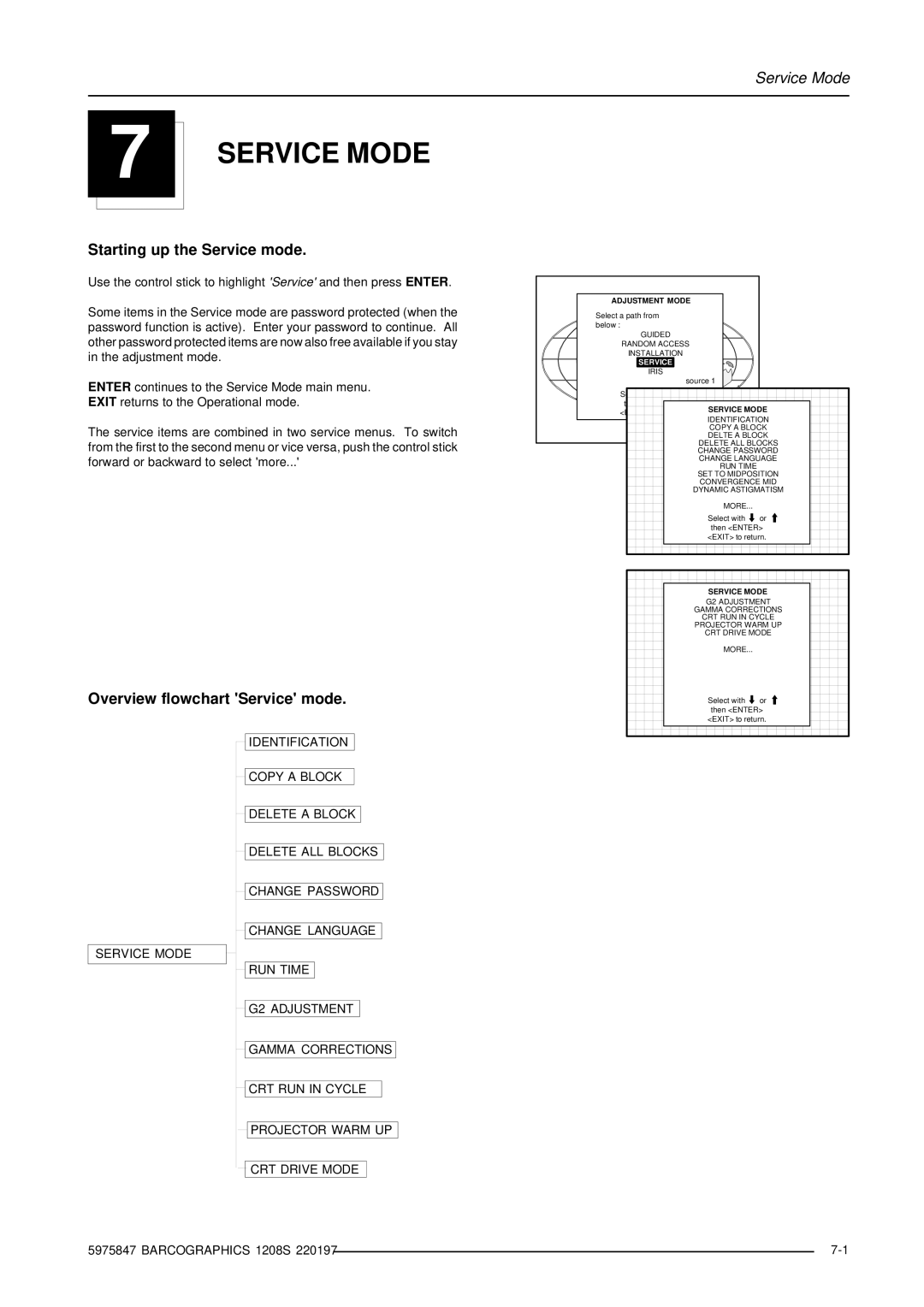 Barco R9000893, R9000896 owner manual Starting up the Service mode, Overview flowchart Service mode, Service Mode 