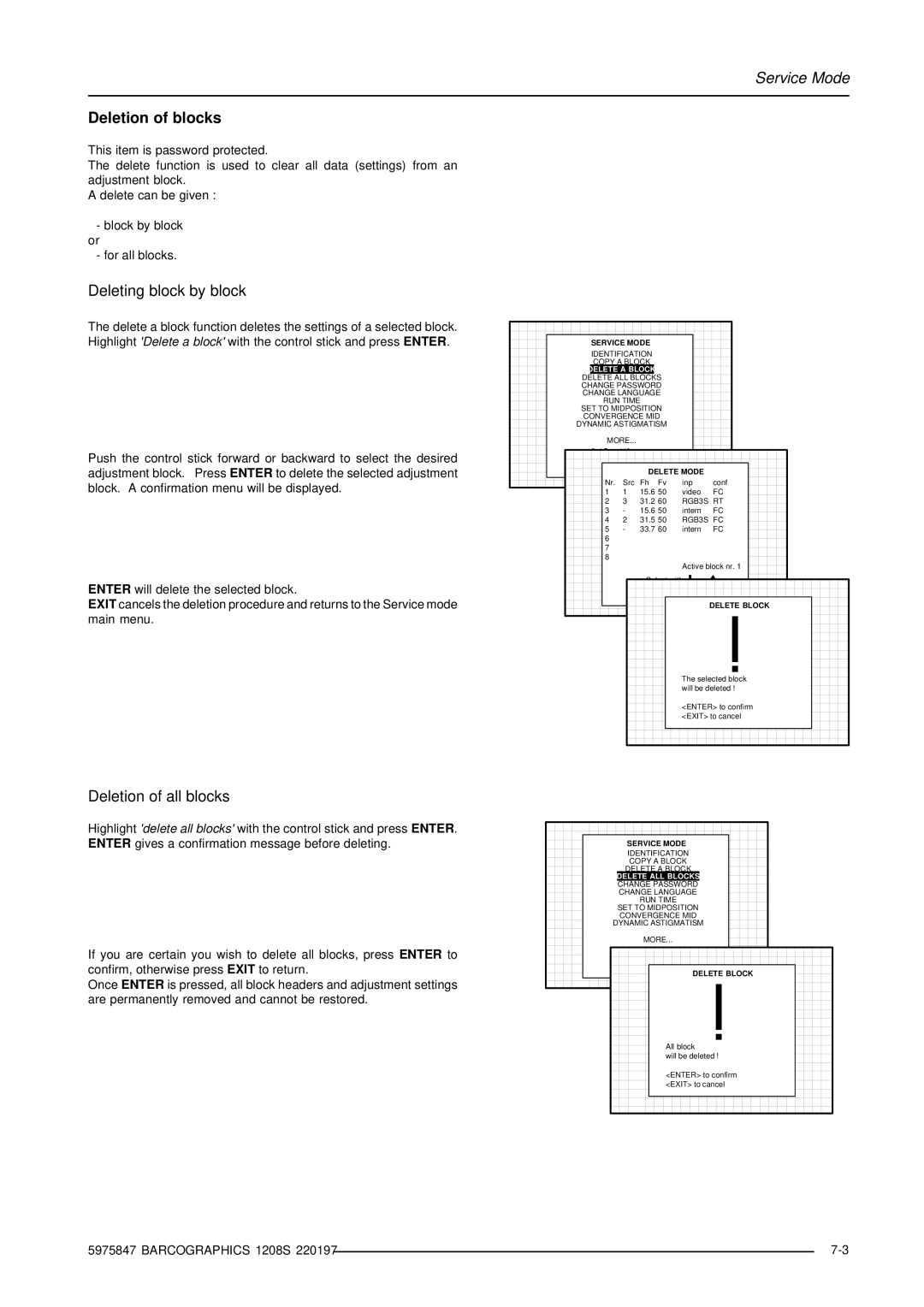 Barco R9000893, R9000896 owner manual Deletion of blocks, Deleting block by block, Deletion of all blocks, Delete Mode 