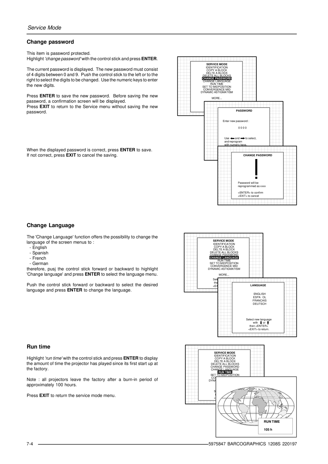 Barco R9000896, R9000893 owner manual Change password, Change Language, Run time, Barcographics 1208S, RUN Time 