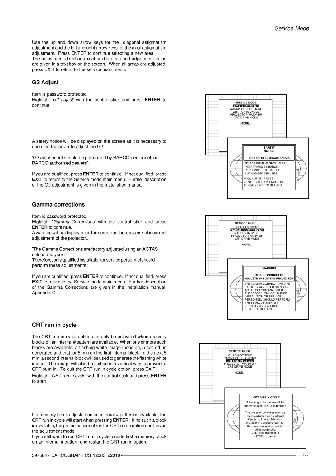 Barco R9000893, R9000896 owner manual G2 Adjust, Gamma corrections, CRT run in cycle 