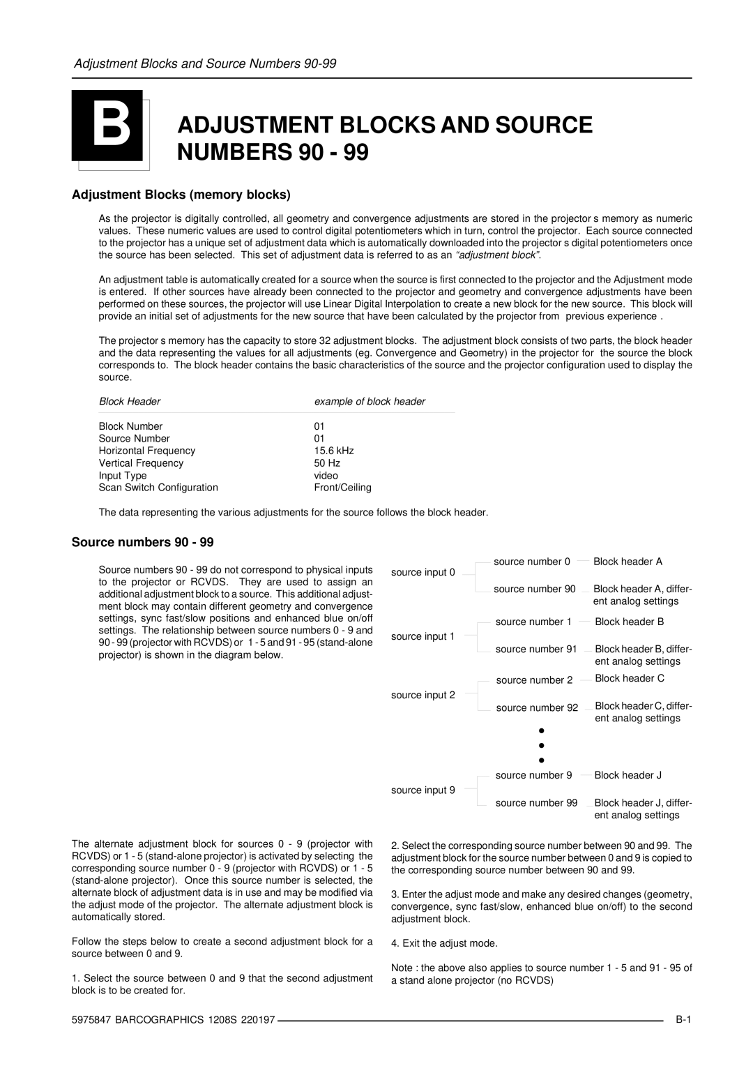 Barco R9000896, R9000893 owner manual Adjustment Blocks and Source, Adjustment Blocks memory blocks, Source numbers 90 