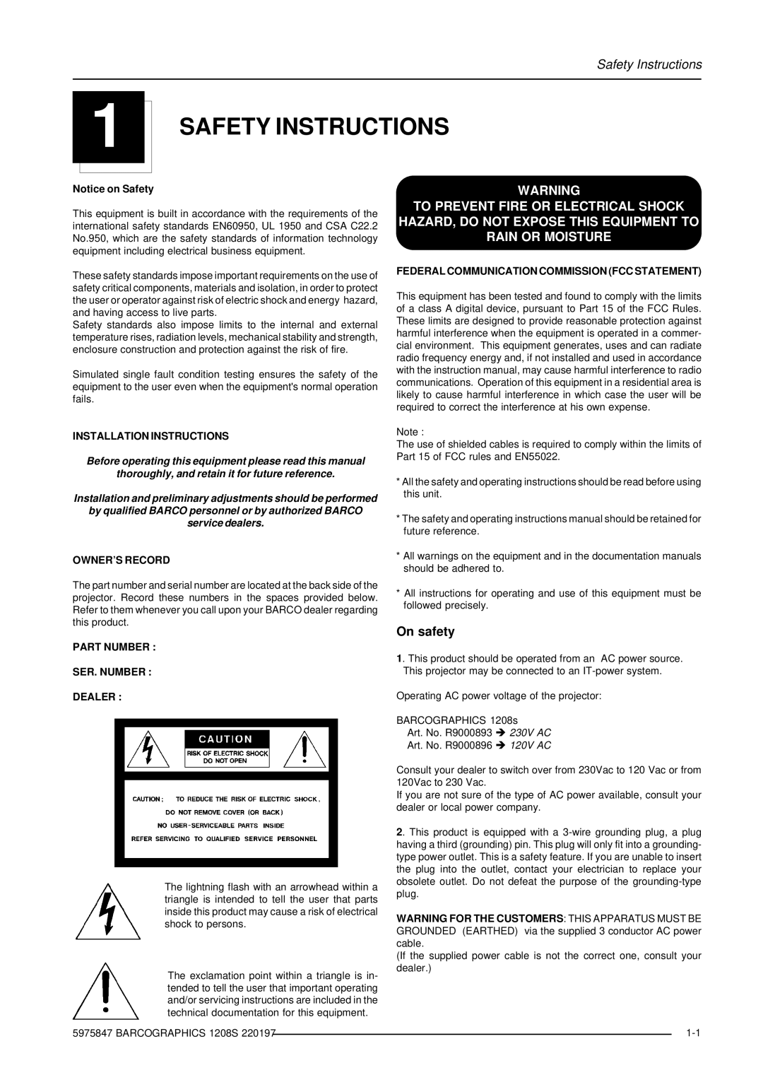 Barco R9000896, R9000893 owner manual Safety Instructions, On safety 