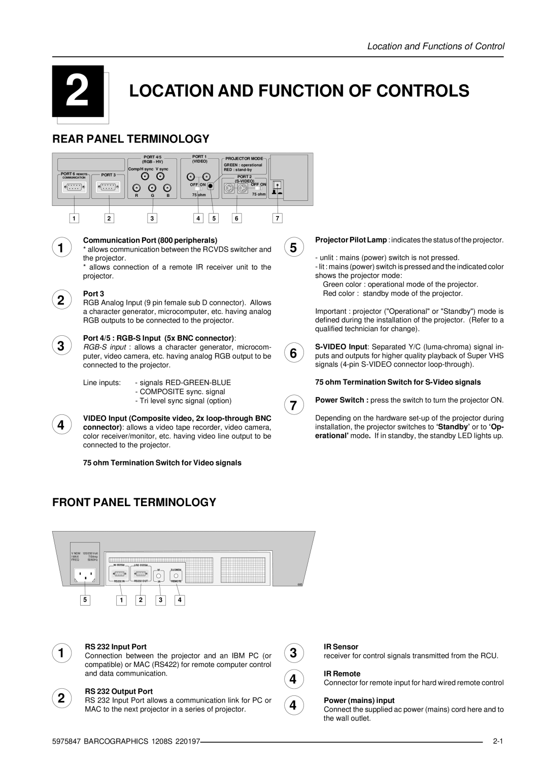 Barco R9000896, R9000893 owner manual Location and Function of Controls 