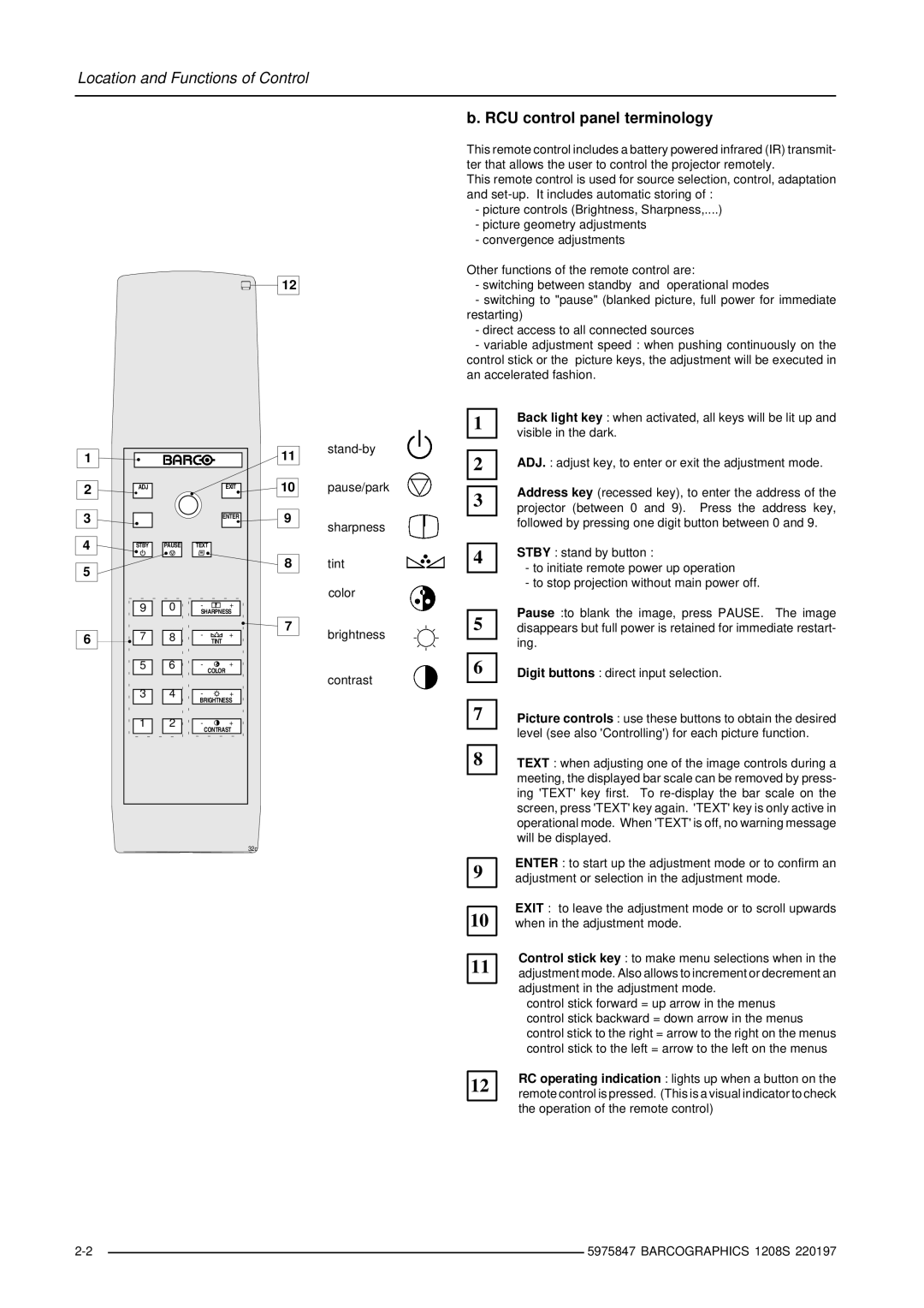 Barco R9000893, R9000896 owner manual RCU control panel terminology, Stand-by, Sharpness 