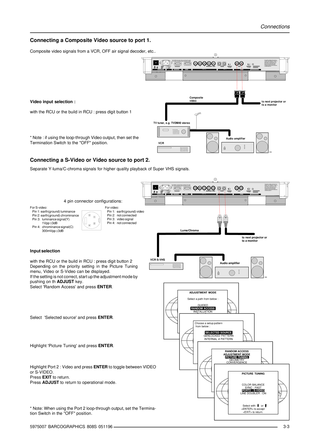 Barco R9000908 Connecting a Composite Video source to port, Connecting a S-Video or Video source to port, Input selection 