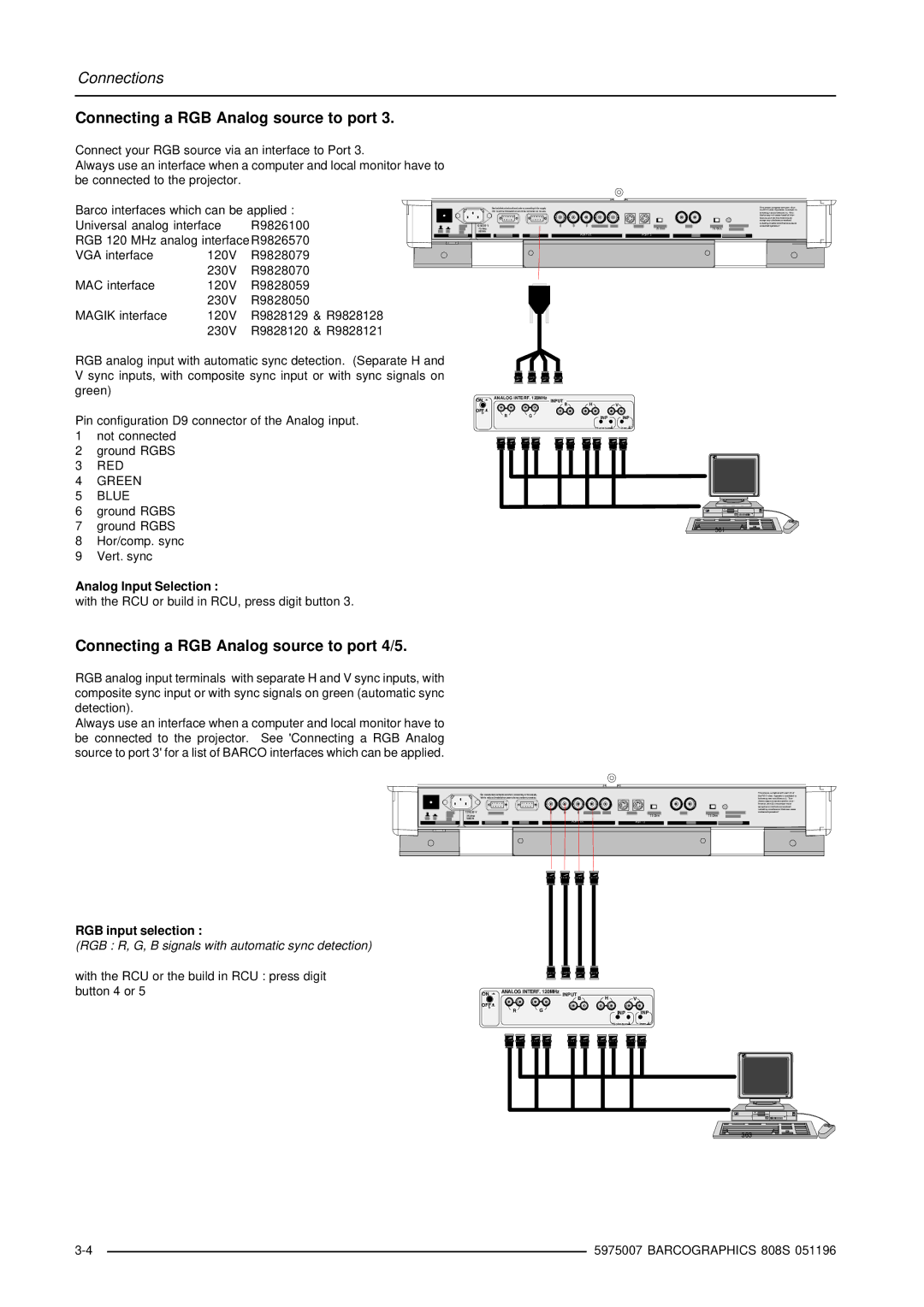 Barco R9000901, R9000908 Connecting a RGB Analog source to port 4/5, Analog Input Selection, RGB input selection 