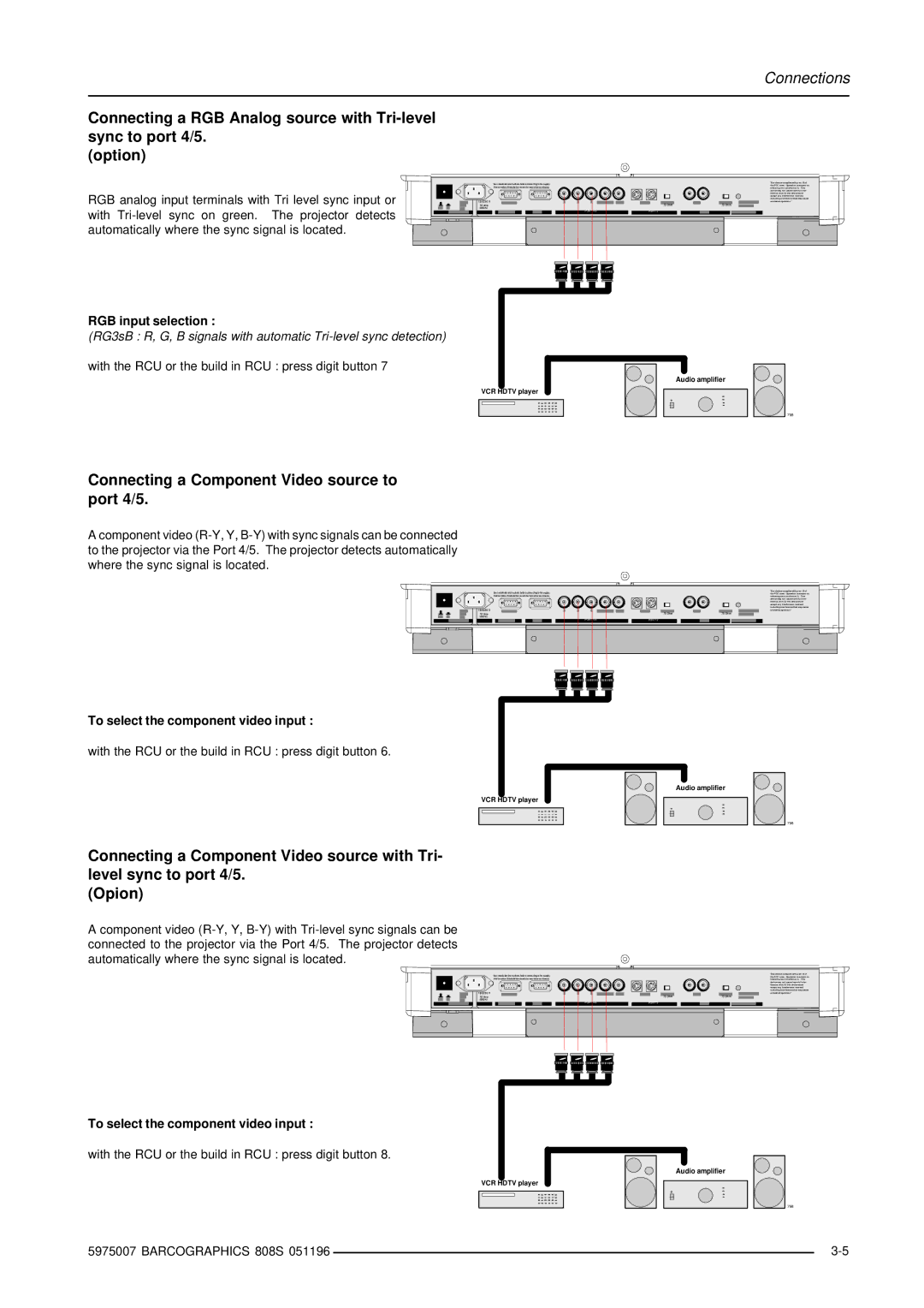 Barco R9000908, R9000901 owner manual Connecting a Component Video source to port 4/5, To select the component video input 