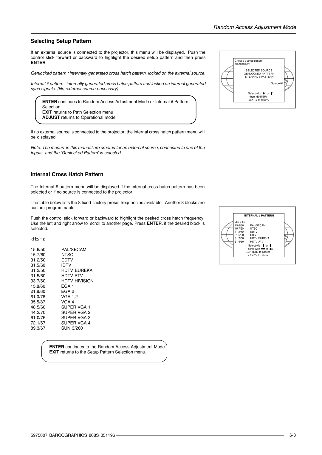 Barco R9000908, R9000901 owner manual Selecting Setup Pattern, Internal Cross Hatch Pattern, Internal # Pattern 