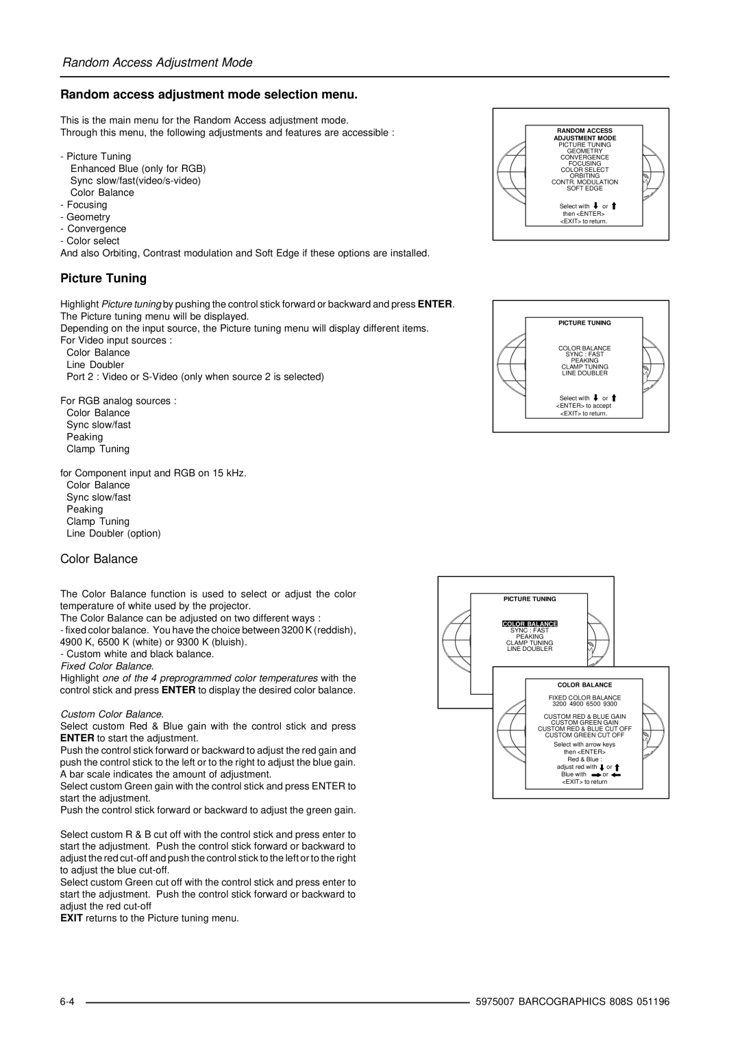 Barco R9000901, R9000908 owner manual Random access adjustment mode selection menu, Picture Tuning, Color Balance 
