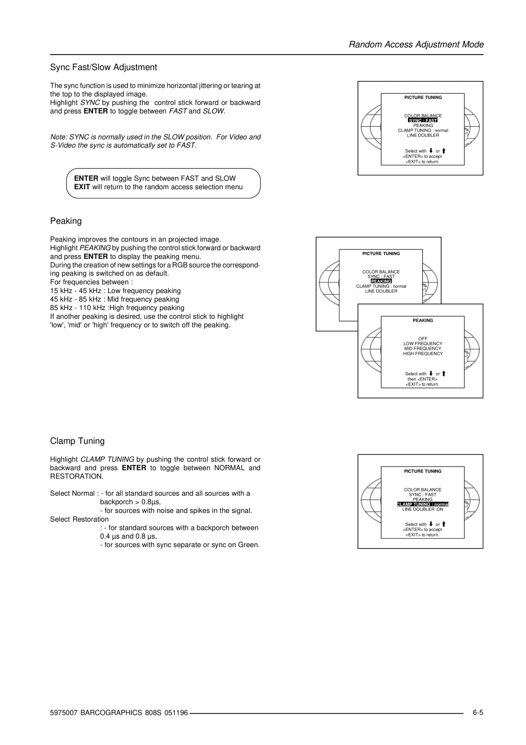 Barco R9000908, R9000901 owner manual Sync Fast/Slow Adjustment, Peaking, Clamp Tuning 