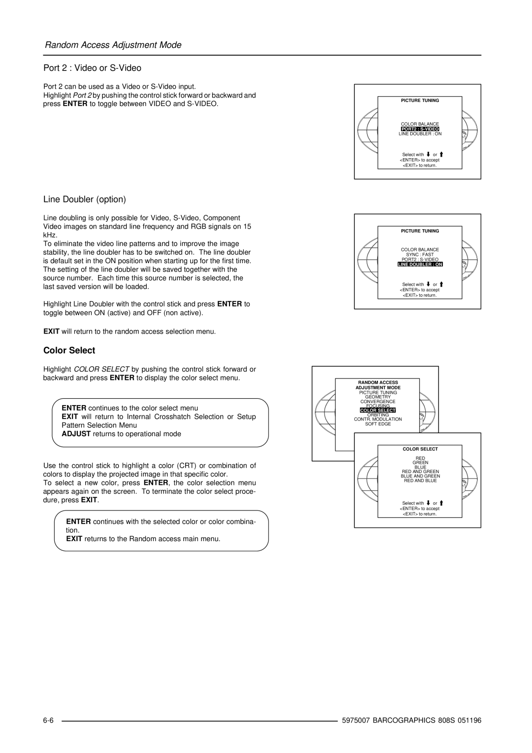 Barco R9000901, R9000908 owner manual Port 2 Video or S-Video, Line Doubler option, Color Select 