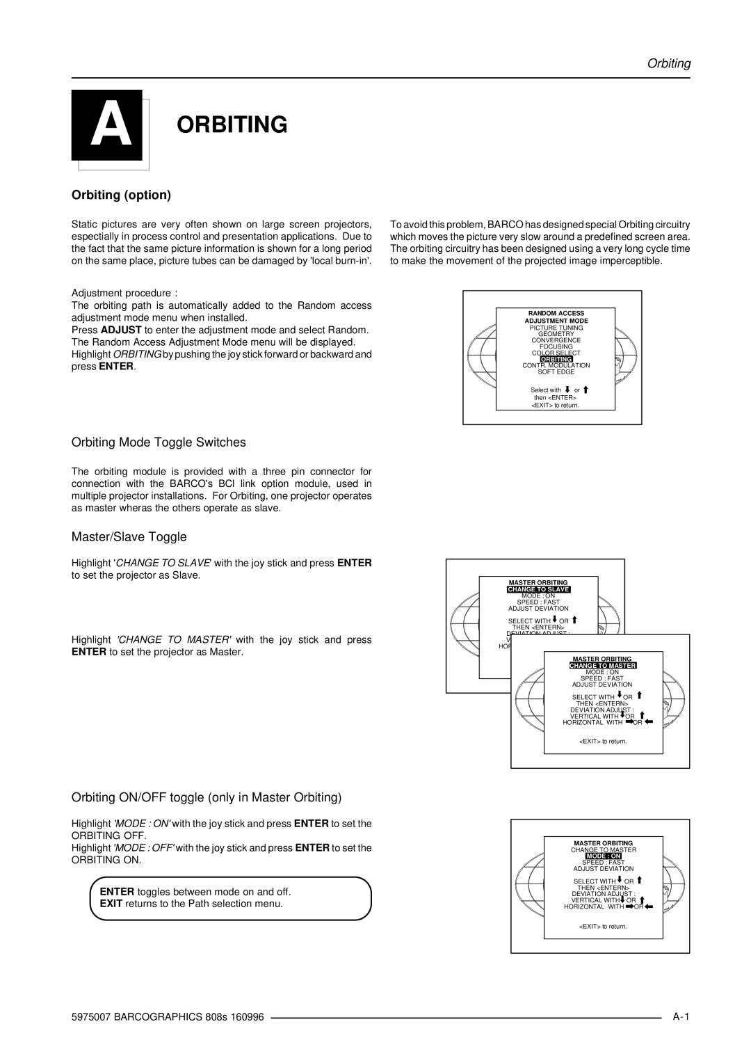 Barco R9000908, R9000901 owner manual Orbiting option, Orbiting Mode Toggle Switches, Master/Slave Toggle 