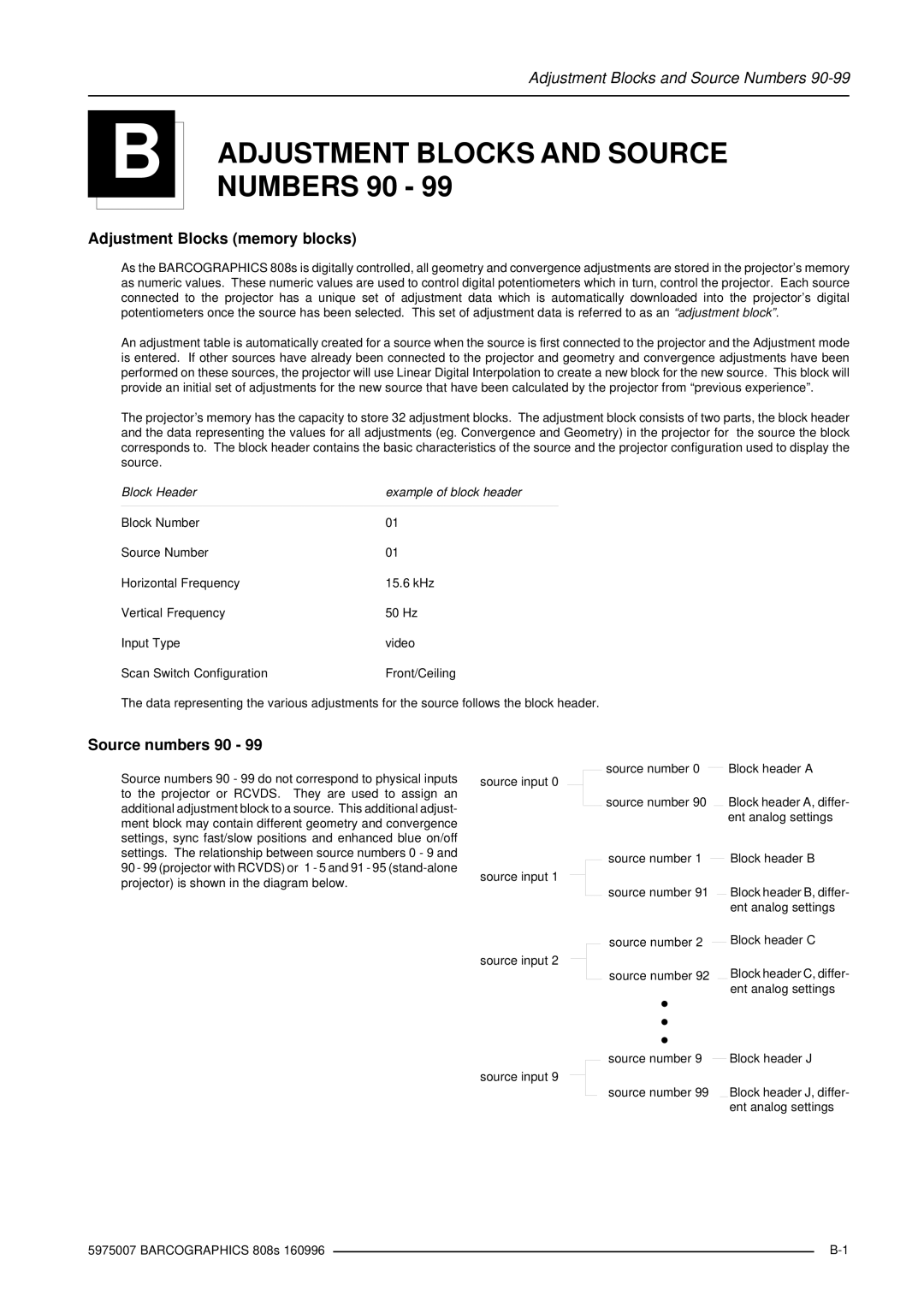 Barco R9000901, R9000908 owner manual Adjustment Blocks and Source, Adjustment Blocks memory blocks, Source numbers 90 