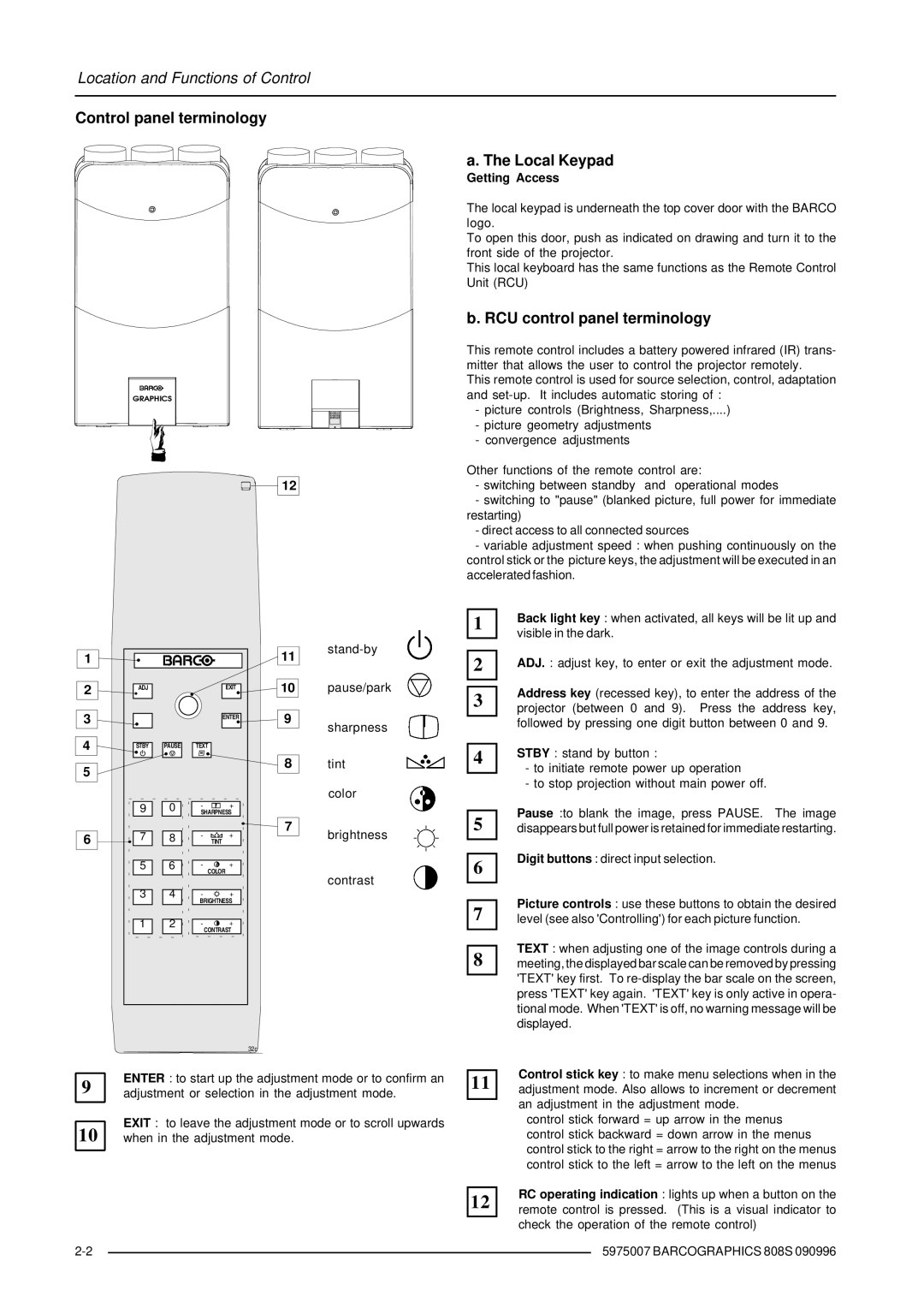 Barco R9000901, R9000908 owner manual Control panel terminology Local Keypad, RCU control panel terminology, Getting Access 