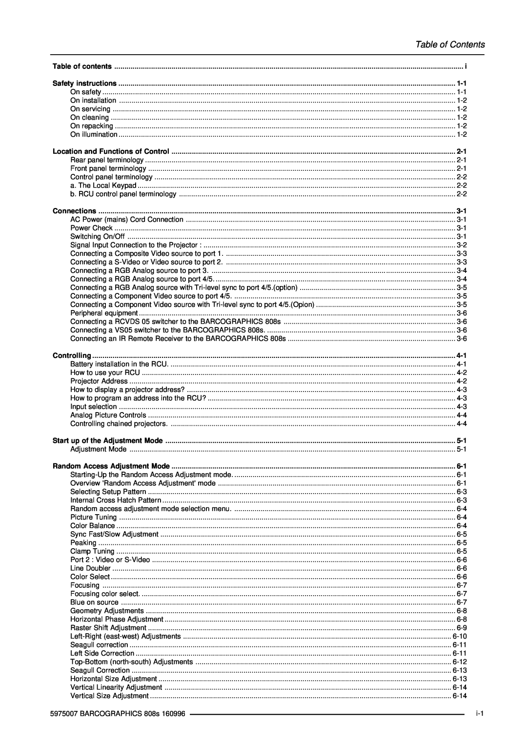 Barco R9000908, R9000901 owner manual Table of Contents, Table of contents 