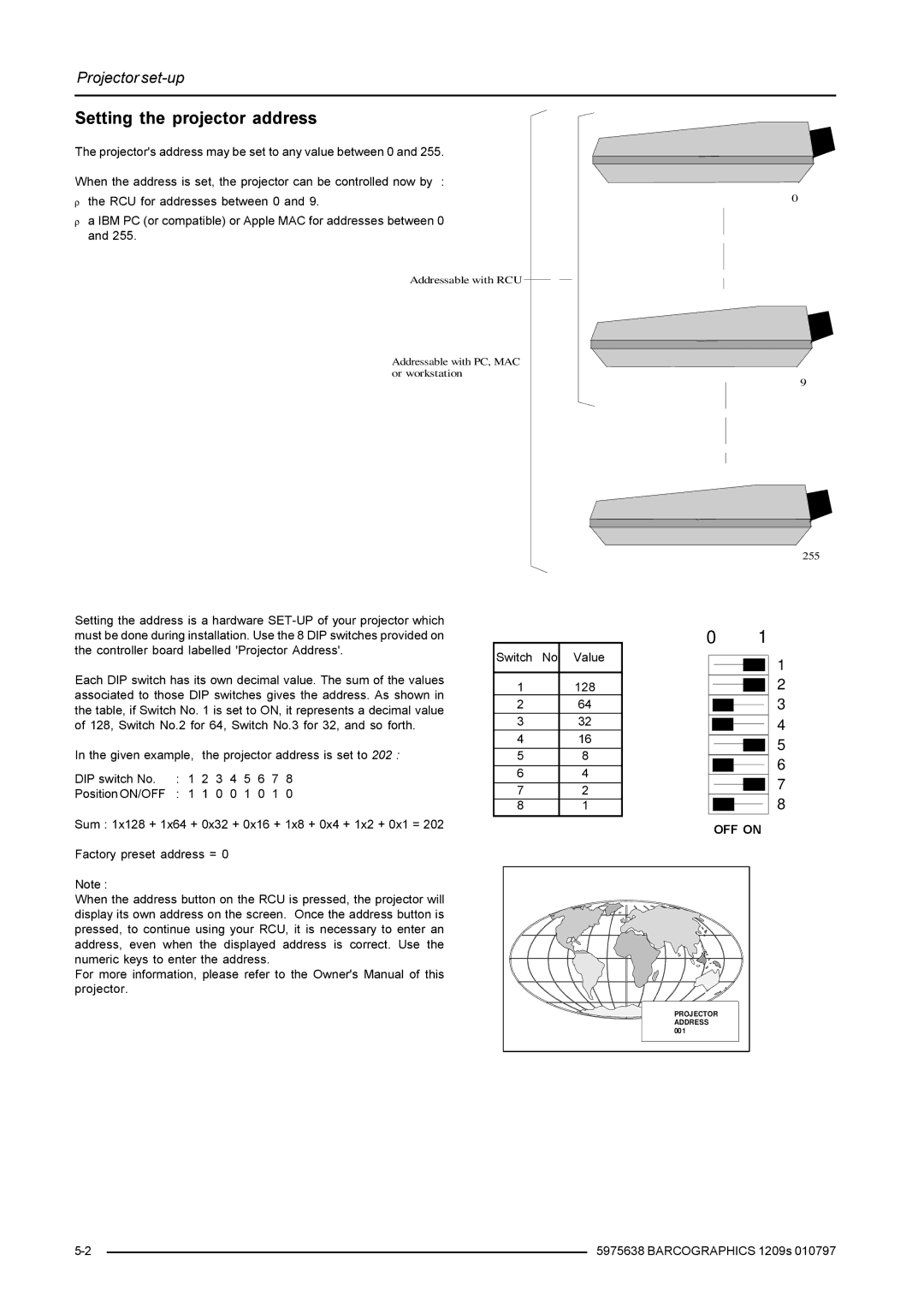 Barco R9000972, R9000977 installation manual Setting the projector address, OFF on 