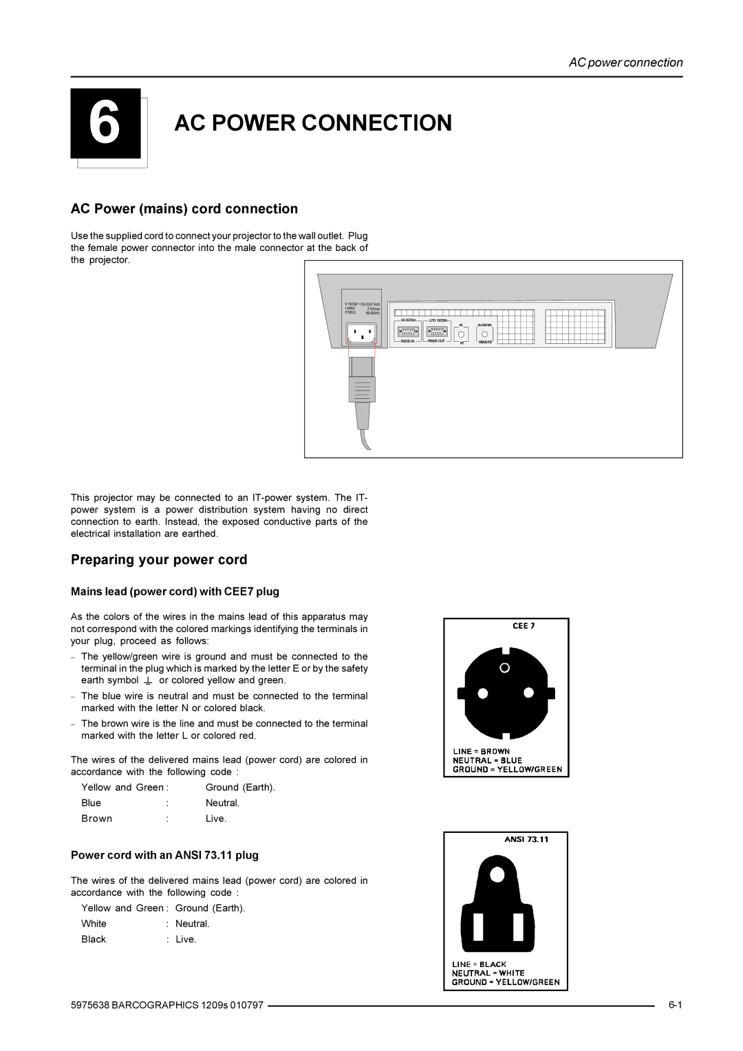 Barco R9000977, R9000972 installation manual AC Power Connection, AC Power mains cord connection, Preparing your power cord 