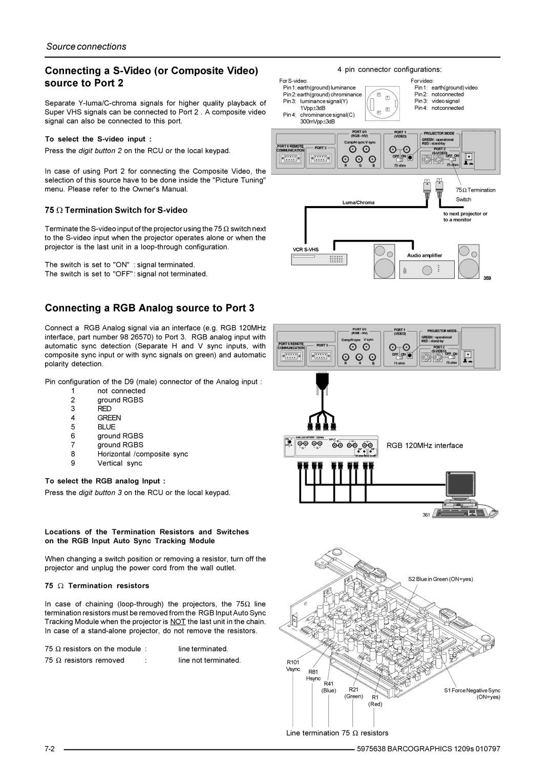 Barco R9000972, R9000977 Connecting a S-Video or Composite Video source to Port, Connecting a RGB Analog source to Port 