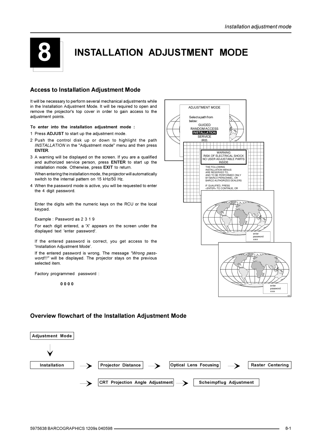 Barco R9000977 Access to Installation Adjustment Mode, Overview flowchart of the Installation Adjustment Mode, Enter 