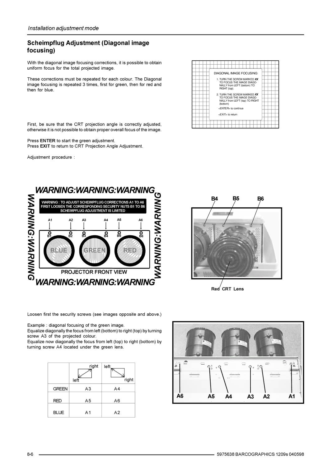 Barco R9000972, R9000977 installation manual Scheimpflug Adjustment Diagonal image focusing, Green RED Blue 