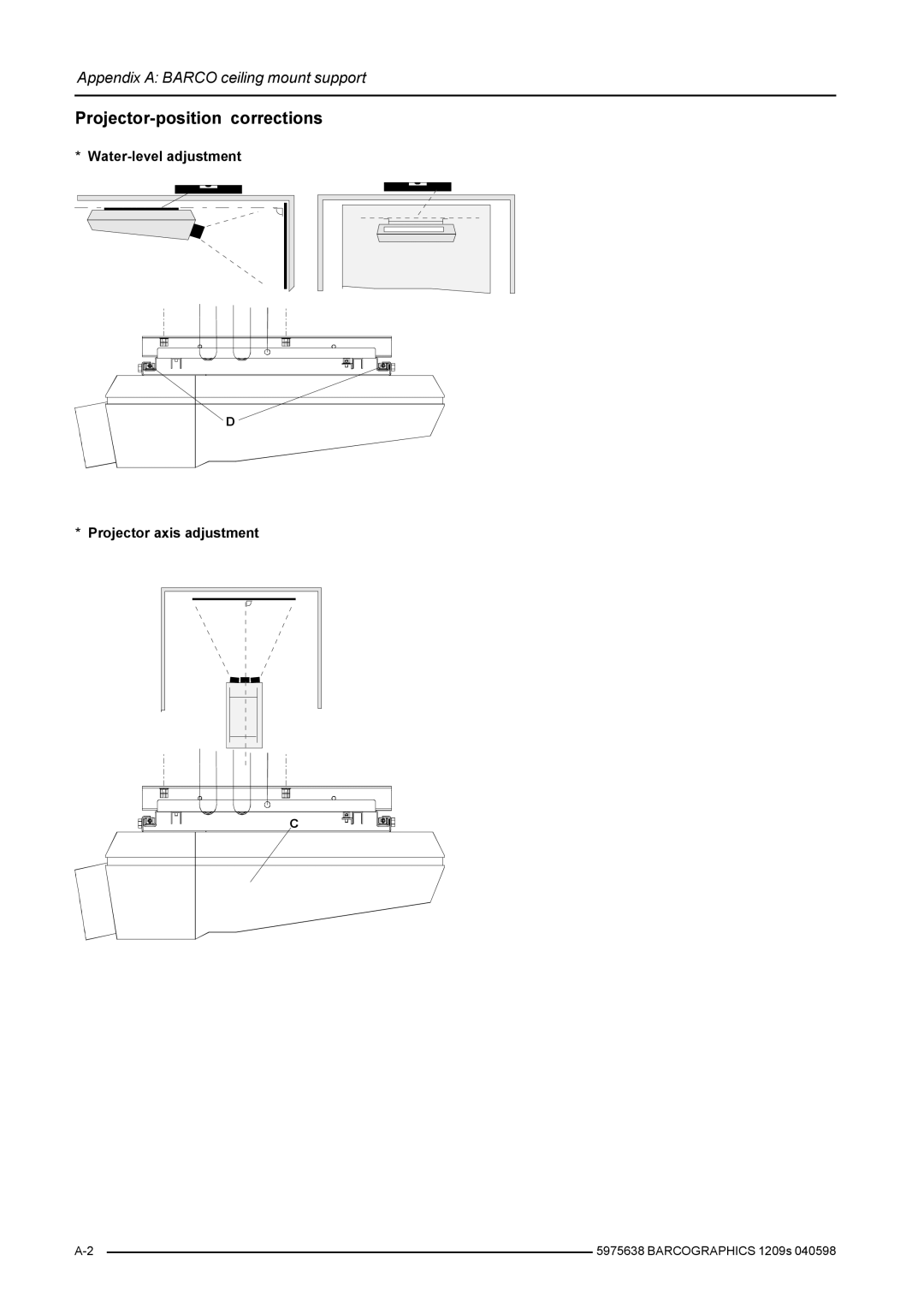 Barco R9000972, R9000977 Projector-position corrections, Water-level adjustment Projector axis adjustment 