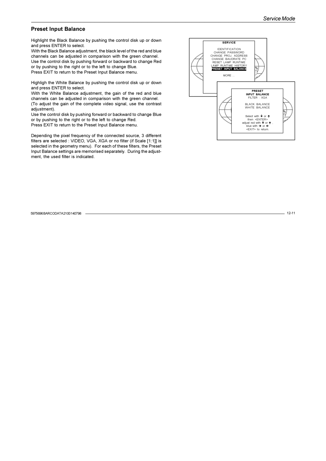 Barco R9001070 owner manual Preset Input Balance 