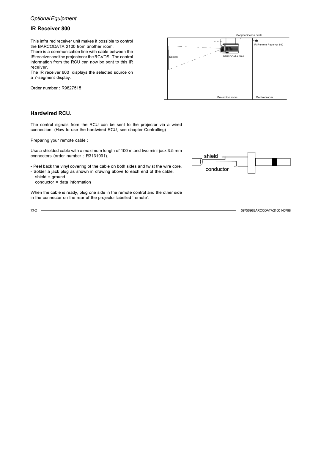 Barco R9001070 owner manual IR Receiver, Shield Conductor 