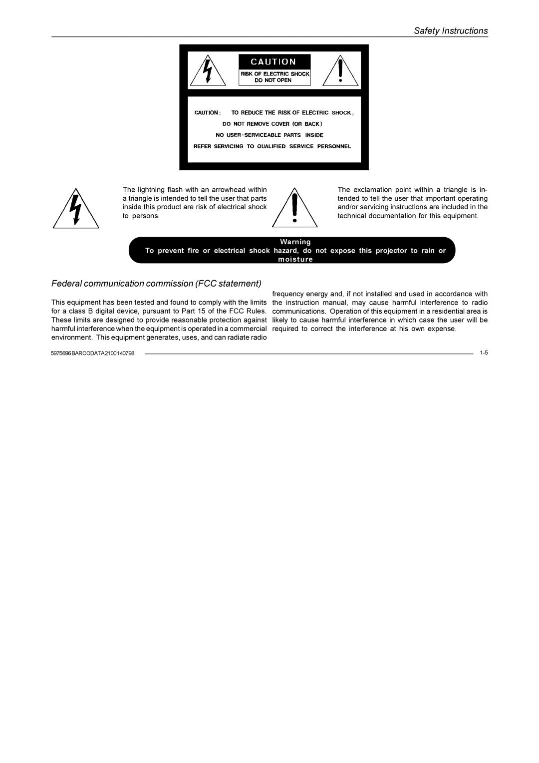 Barco R9001070 owner manual Federal communication commission FCC statement 