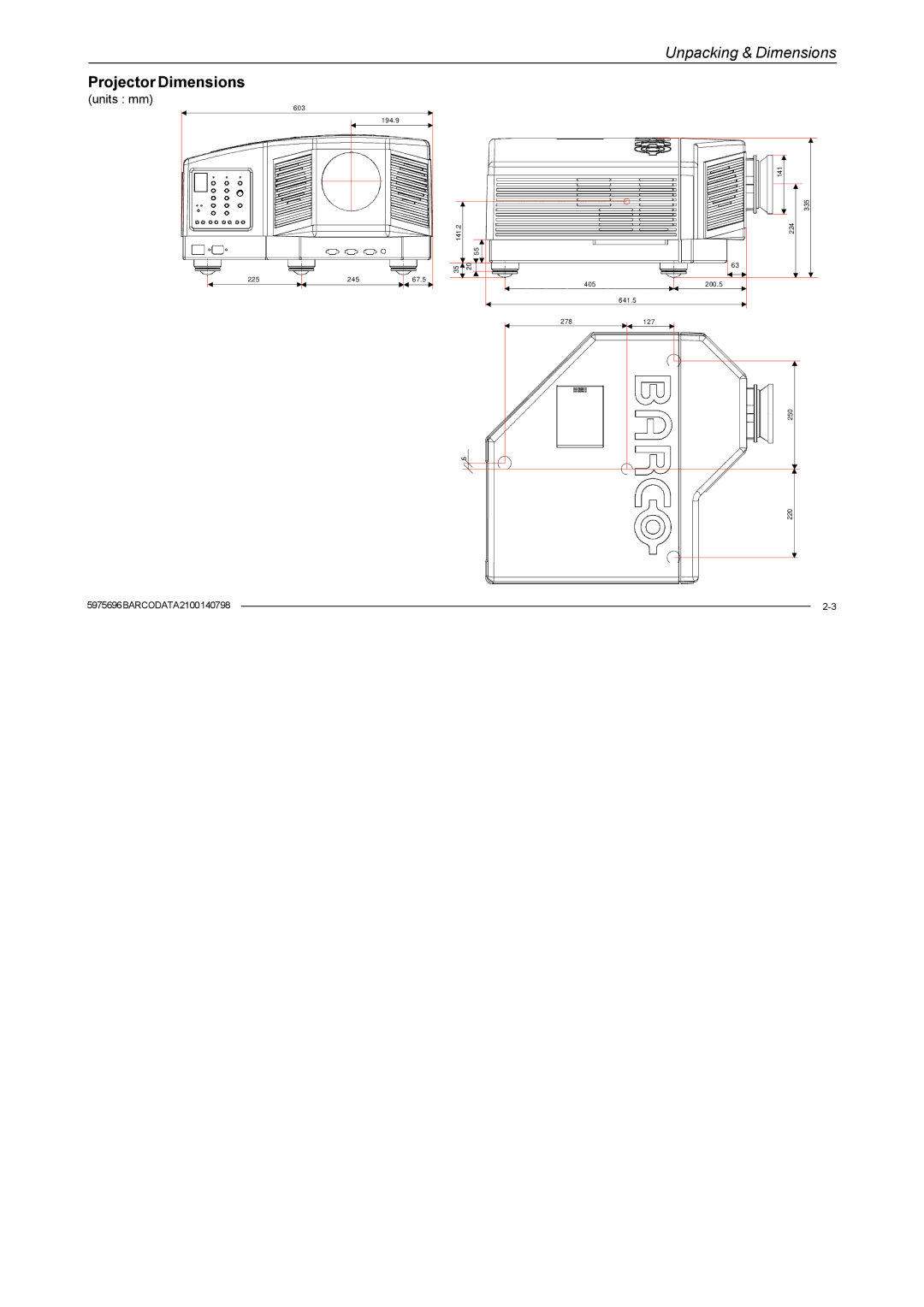 Barco R9001070 owner manual Projector Dimensions, Units mm 