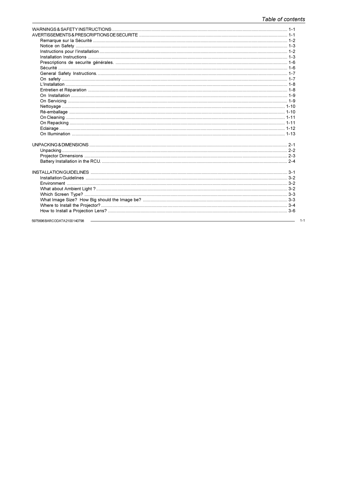 Barco R9001070 owner manual Table of contents 