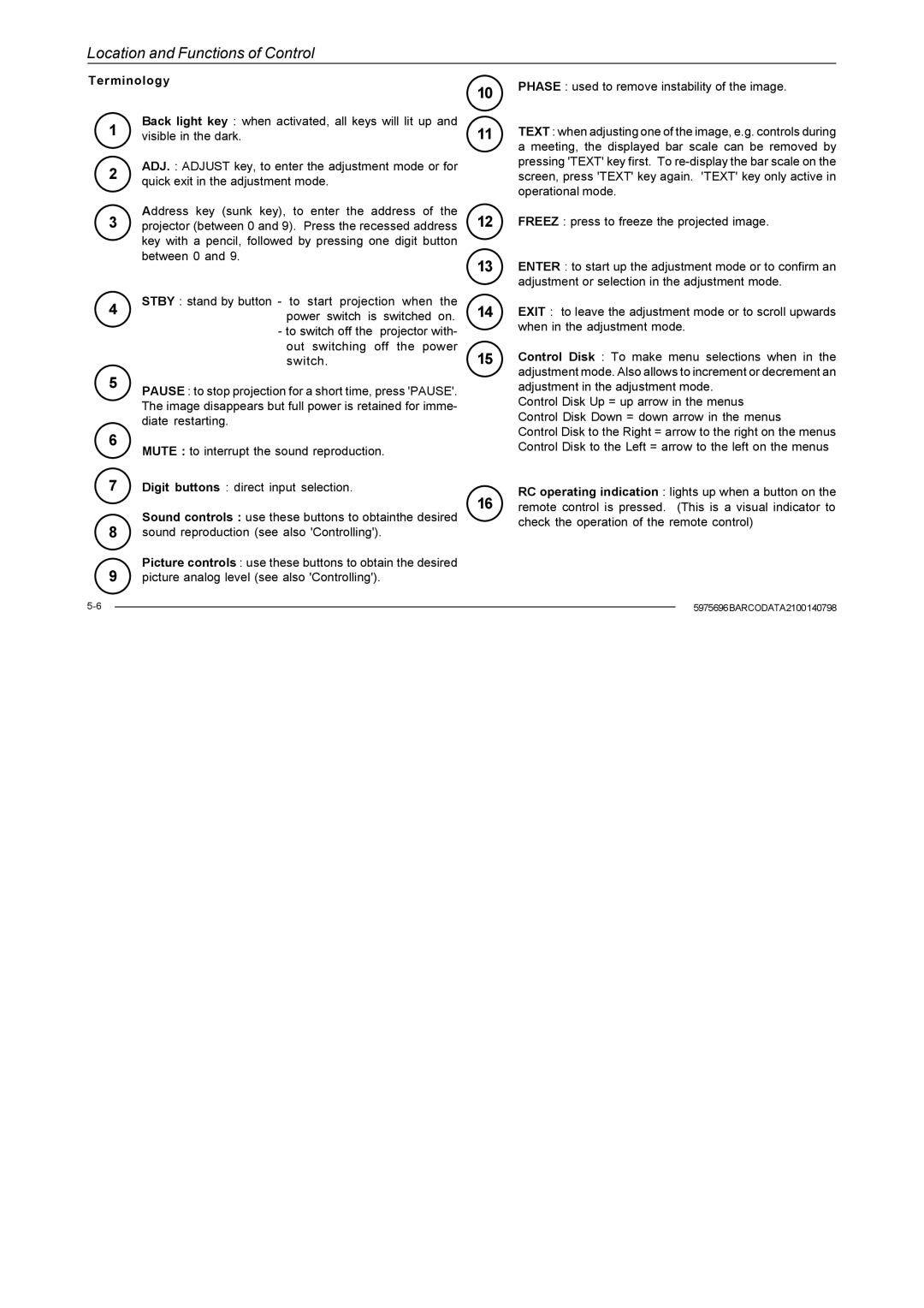 Barco R9001070 owner manual Location and Functions of Control 